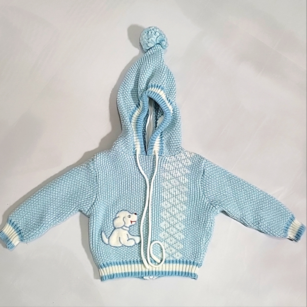 Vintage 1970's Hand Knitted Acrylic Baby Blue Dog Sweater, Size 6-9months